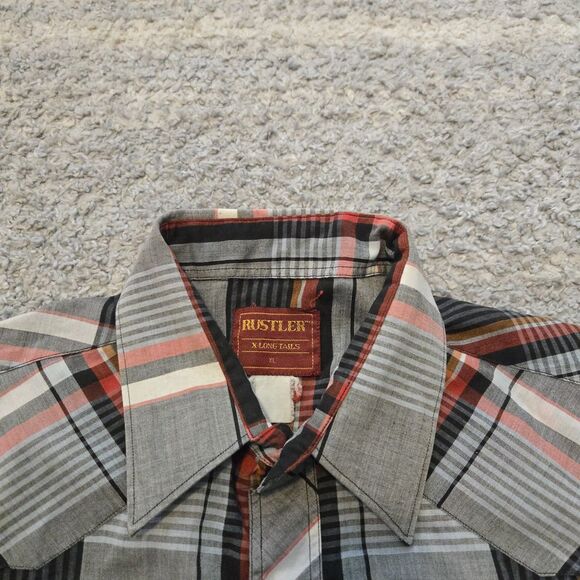 VTG Rustler X-Long Tails Short Sleeve Pearl Snap Shirt Mens XL Rodeo Plaid - Picture 2 of 5